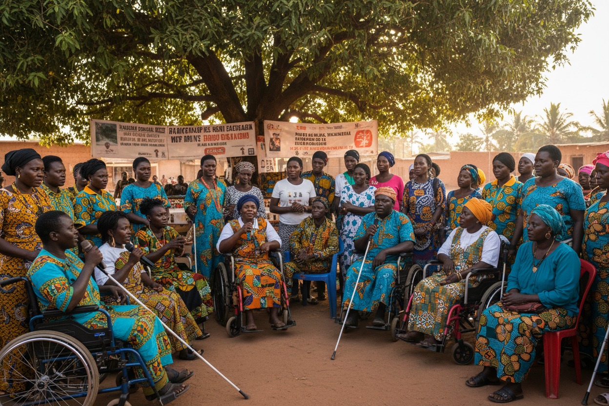 A large group of people in colourful clothing, some seated in wheelchairs and holding white canes, gather outdoors under a leafy tree to advocate for disability rights.